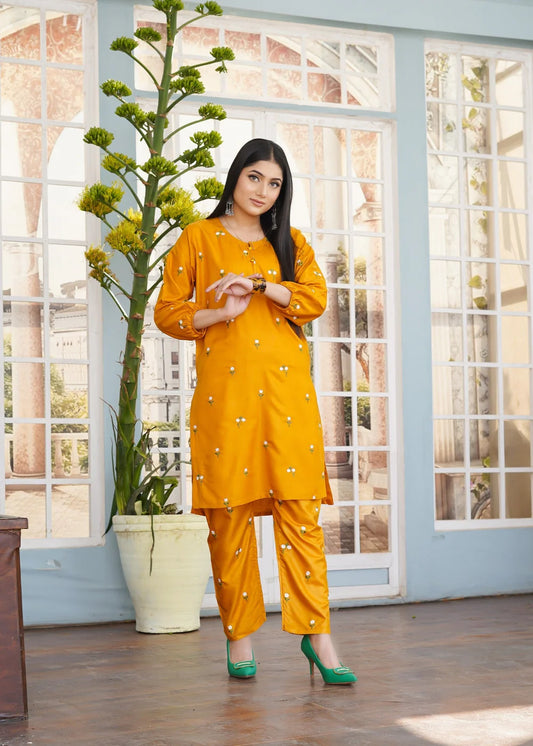 Petal Embroidered 2pcs - Mustard - Haram Store
