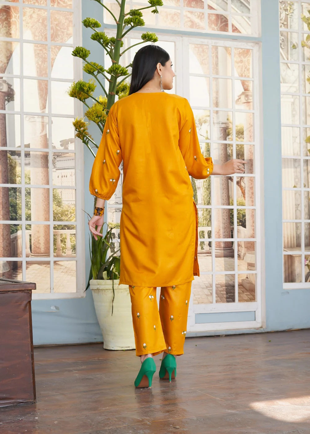 Petal Embroidered 2pcs - Mustard - Haram Store