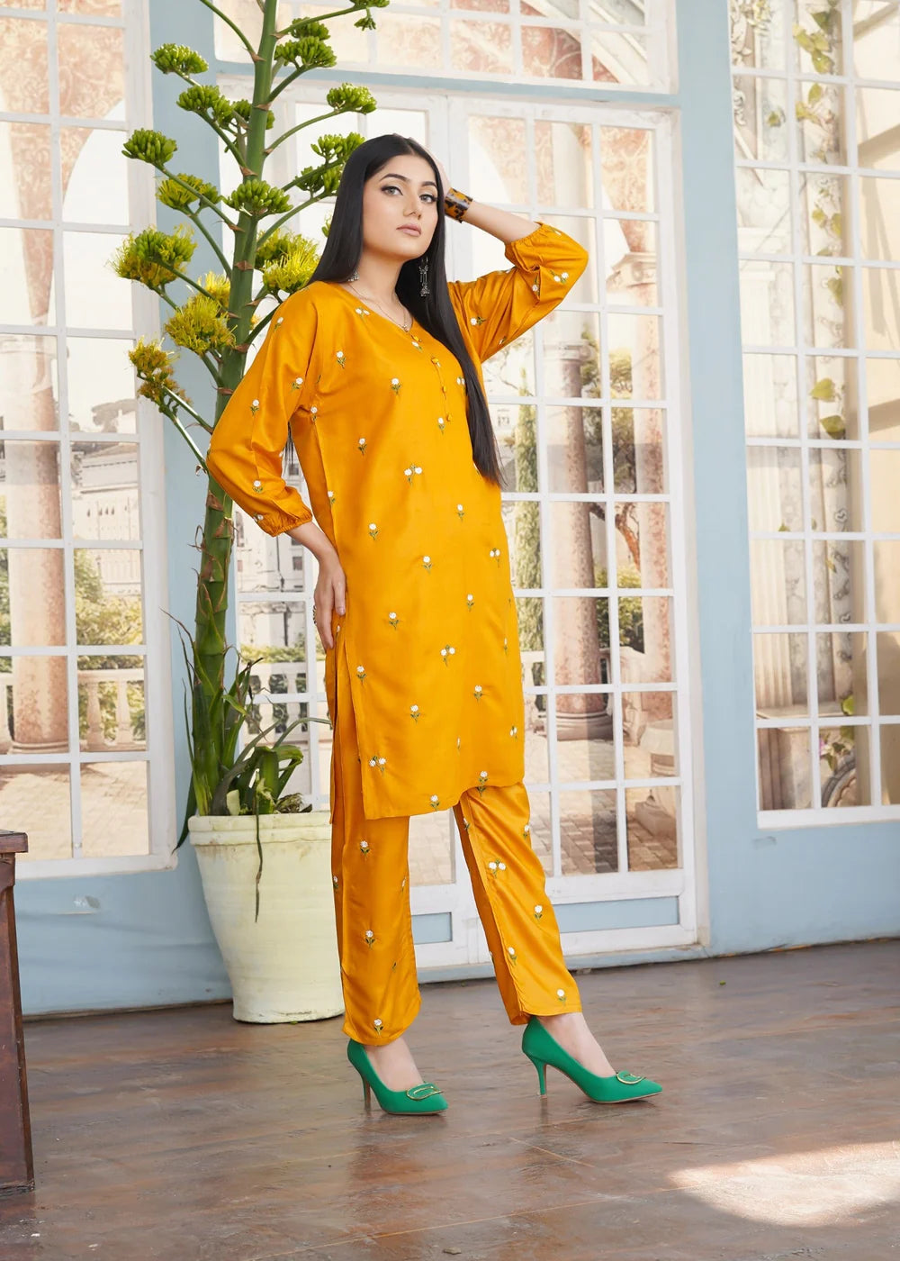 Petal Embroidered 2pcs - Mustard - Haram Store