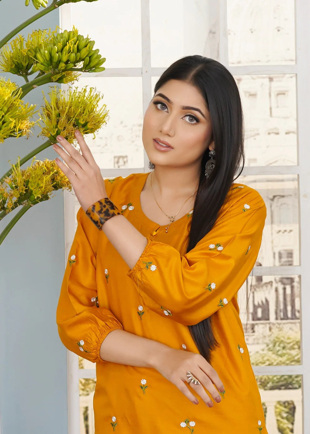 Petal Embroidered 2pcs - Mustard - Haram Store