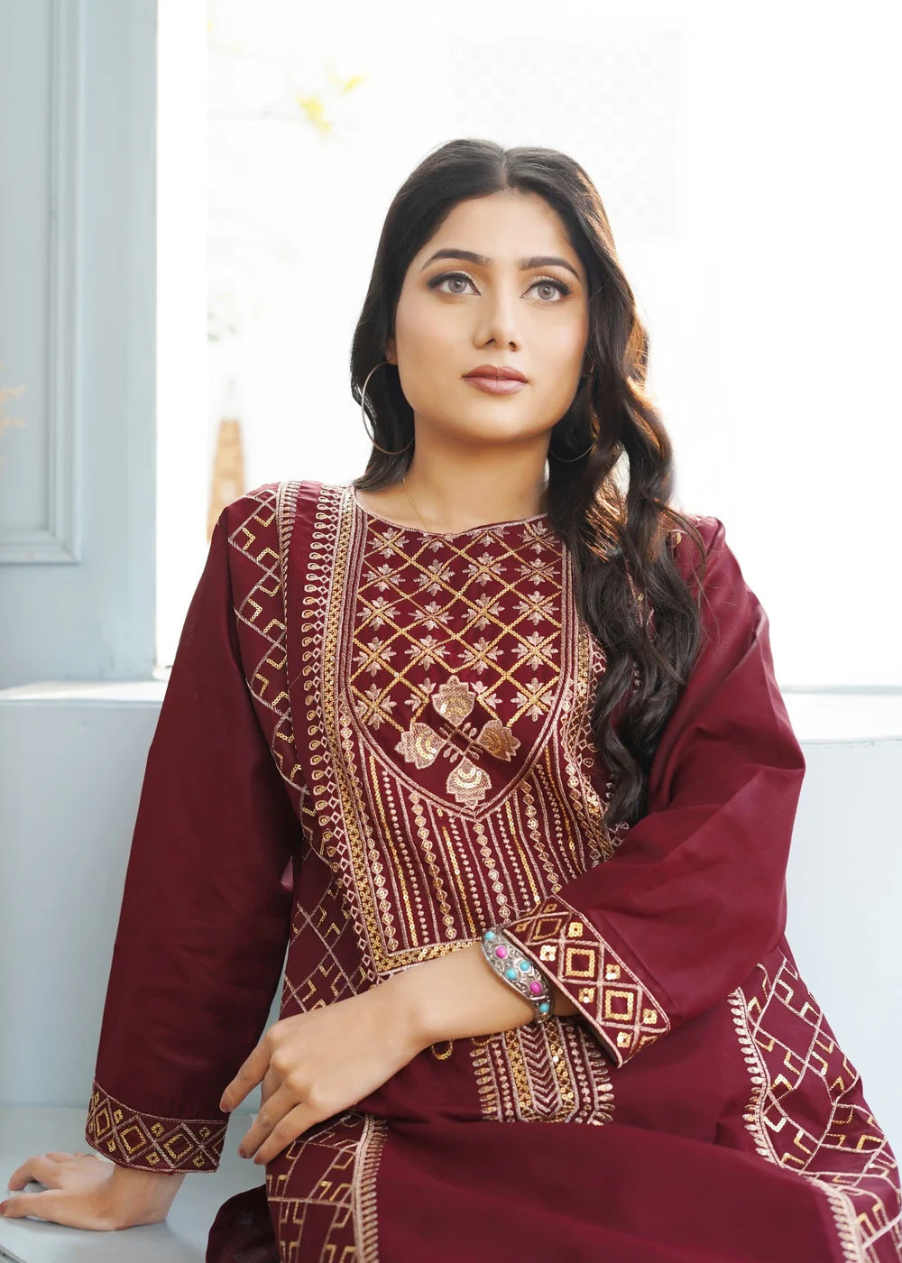 SWERA EMBROIDERED 2PCS - MAROON -Haram Store