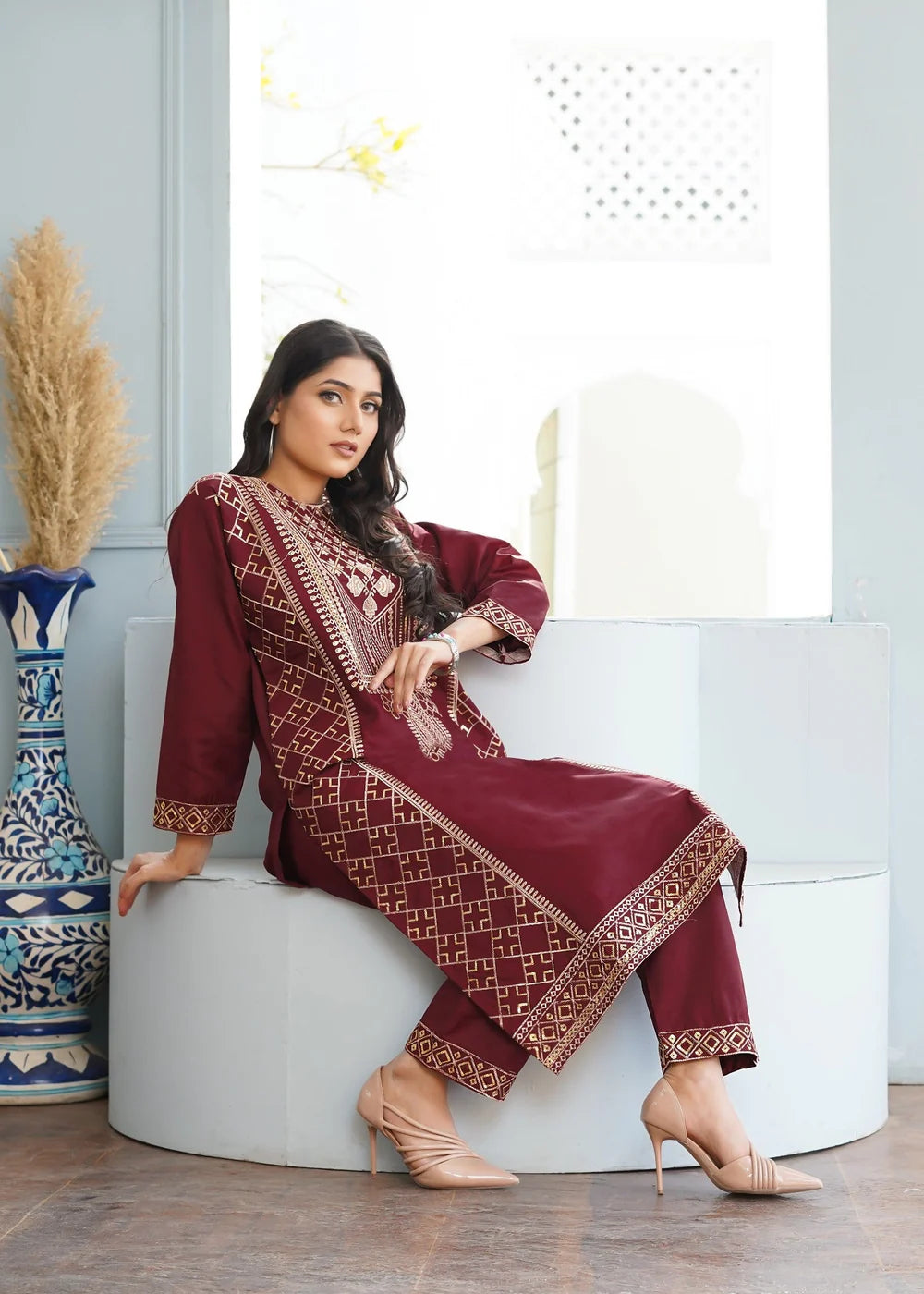 SWERA EMBROIDERED 2PCS - MAROON -Haram Store