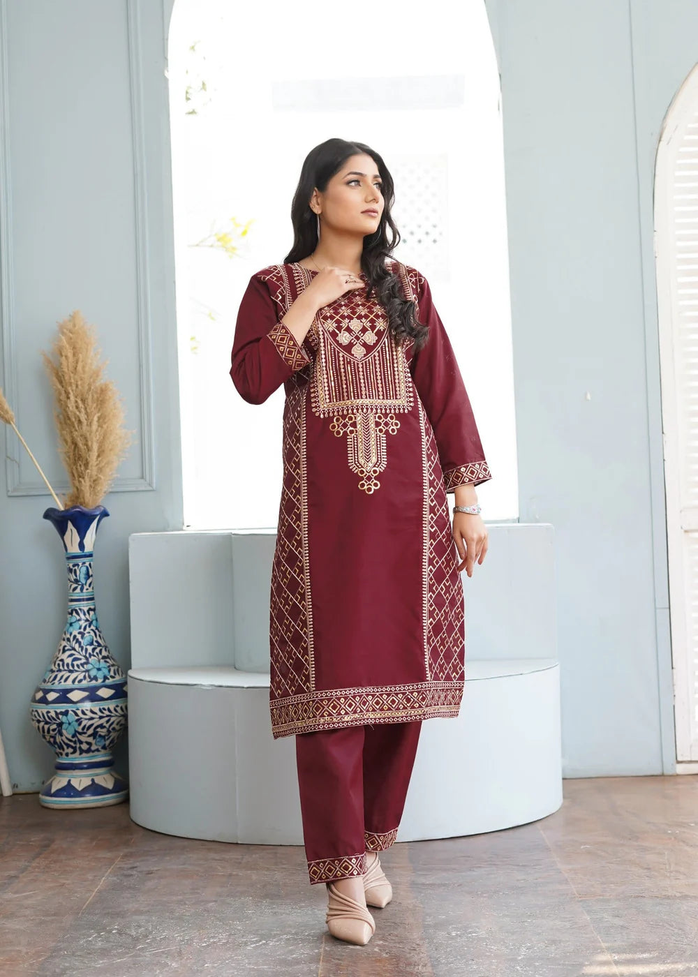 SWERA EMBROIDERED 2PCS - MAROON -Haram Store