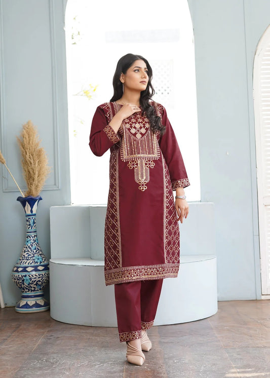 SWERA EMBROIDERED 2PCS - MAROON -Haram Store