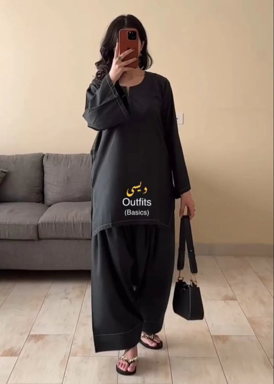 PLAIN BLACK FARSHI SHALWAR 2PCS-Haram Store